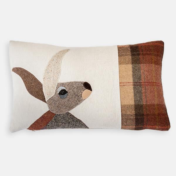 Handmade Hare Cushion in Mixed Tweeds and Welsh woven wools