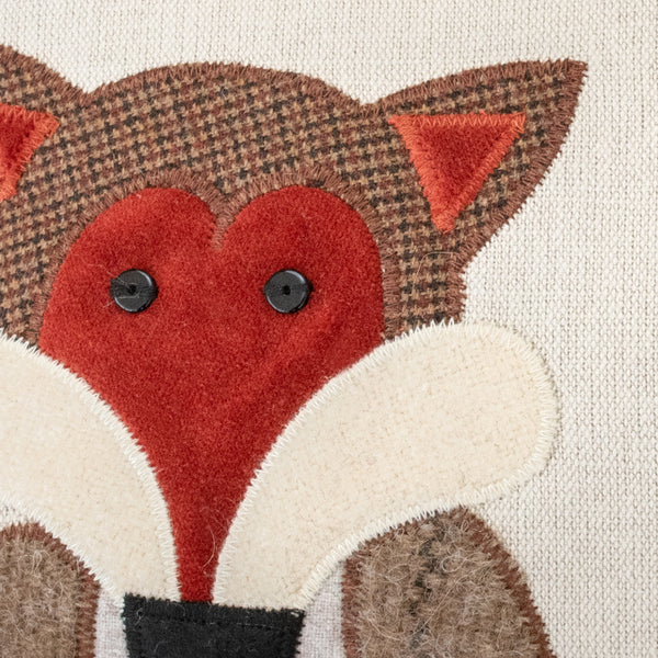 Handmade Mr Fox Cushion with British Tweeds – close up