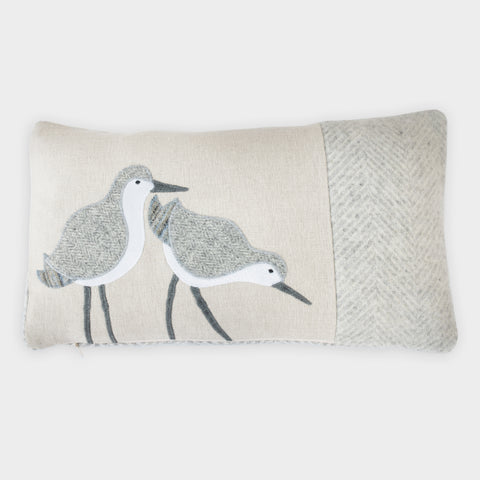 Handmade Dunlin Wading Bird Cushion in Herringbone Fabric and Wool