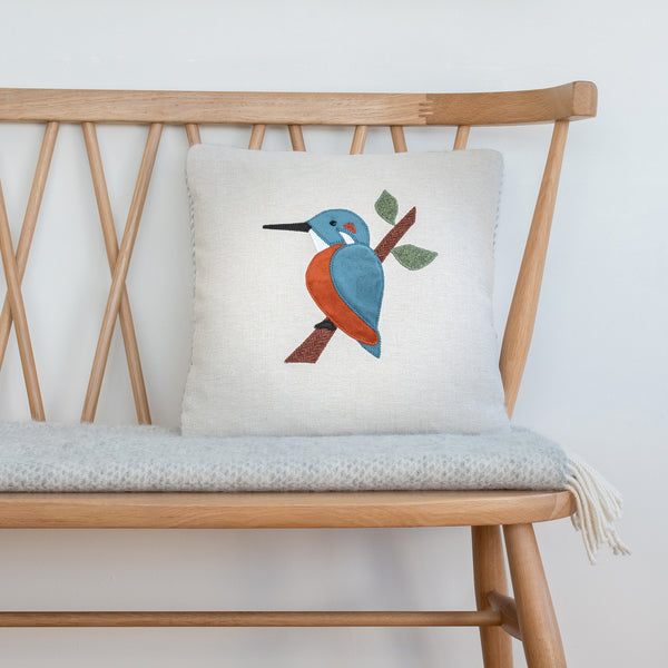 Handmade Square Kingfisher Cushion in Velvet and Wools