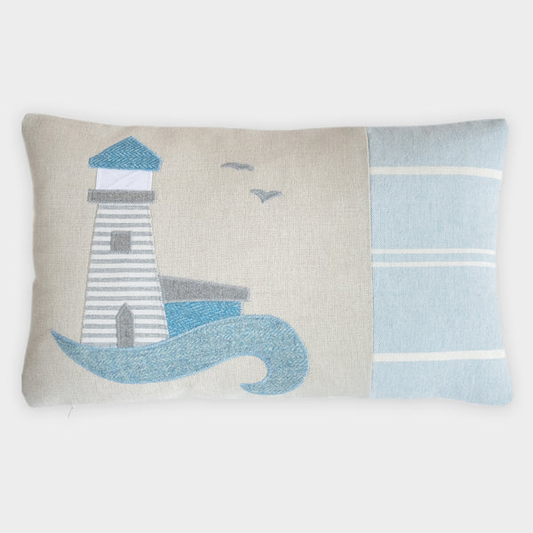 Handmade Blue Coastal Lighthouse Cushion with Cotton and Linen