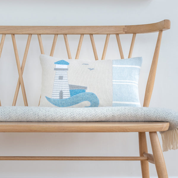 Handmade Blue Coastal Lighthouse Cushion with Cotton and Linen