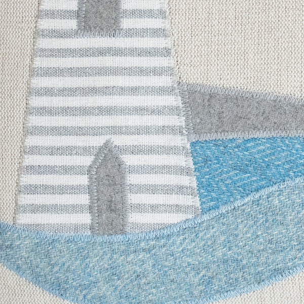 Close Up of Handmade Blue Coastal Lighthouse Cushion