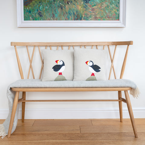 Handmade Square Puffin Cushion in Herringbone Wools